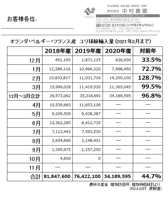 オランダ ベルギー フランス産 ユリ球根輸入量 21年3月まで 株式会社中村農園