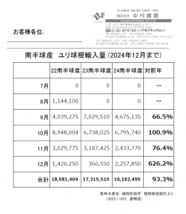 南半球産　ユリ球根輸入量(2024年12月まで)